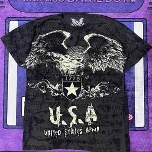 Y2K medium Black & grey streetwear USA skater graphic tee w front and back hit